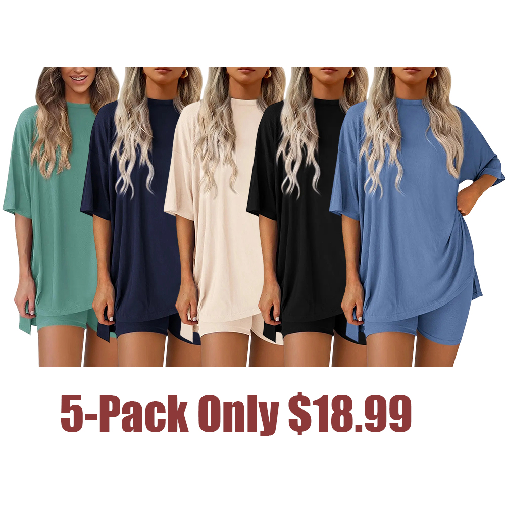 Two-Piece Set For Women Summer Casual Oversized Split Hem Shirts & Side Pocket Biker Shorts Minimalist Lounge Wear Soft Viscose Fabric