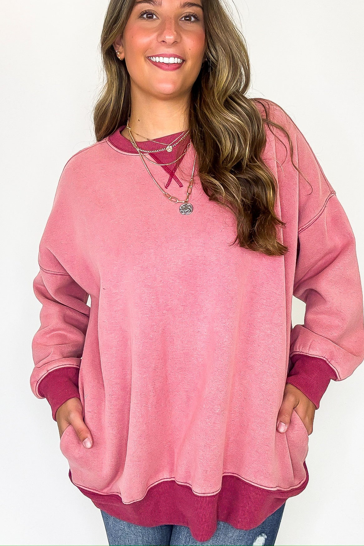 Oversized Ribbed Washed Fleece Sweatshirt