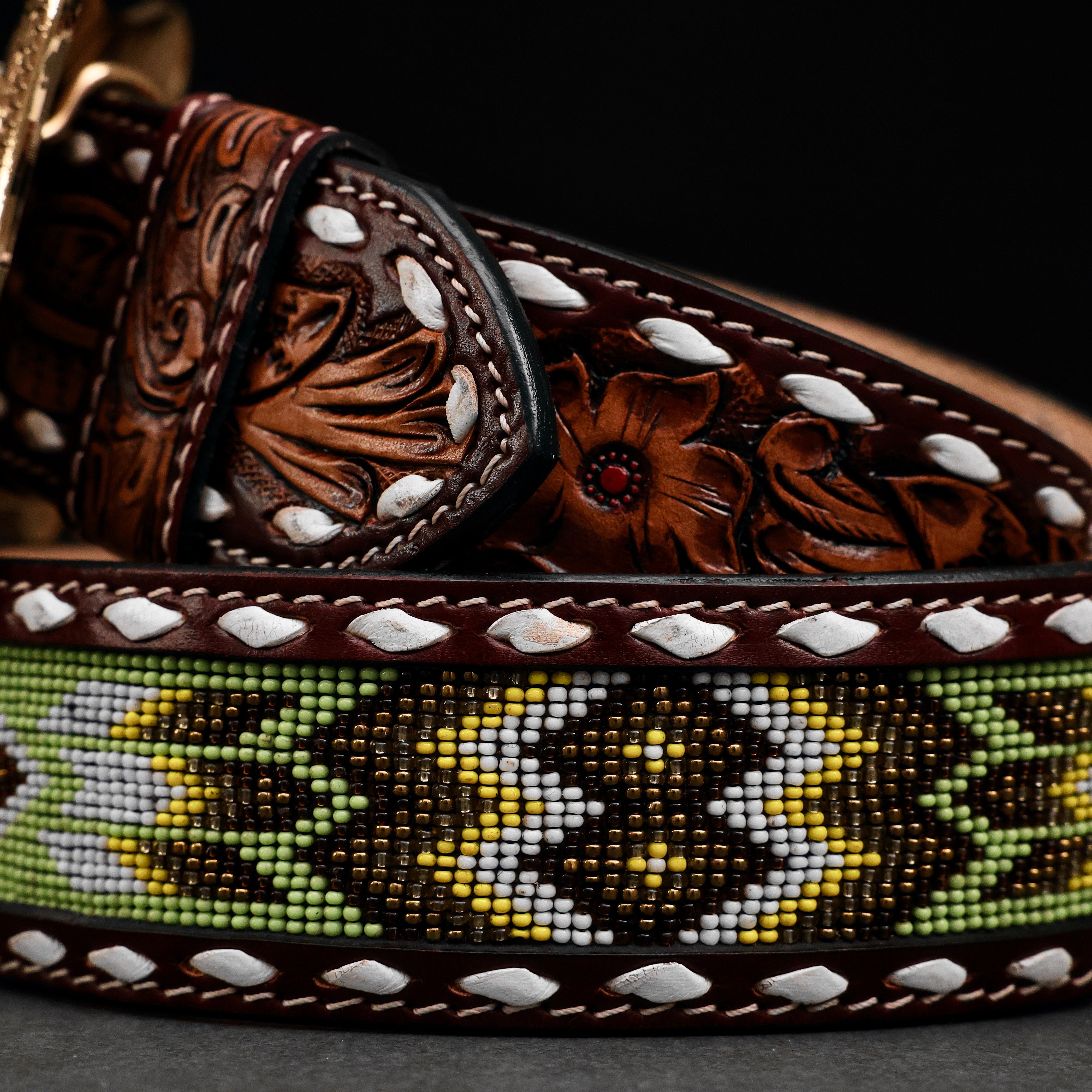 2 Inch Hand-Tooled Artesanal Beaded Leather Belt