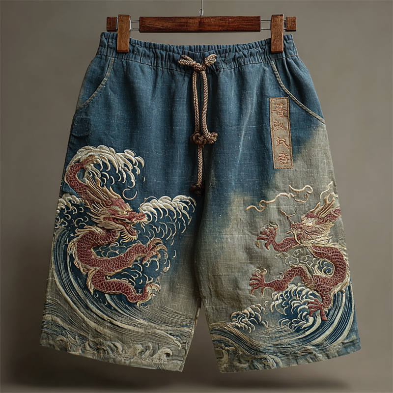 Japanese Dragons Sea Waves Embroidered Dyed Linen Shorts