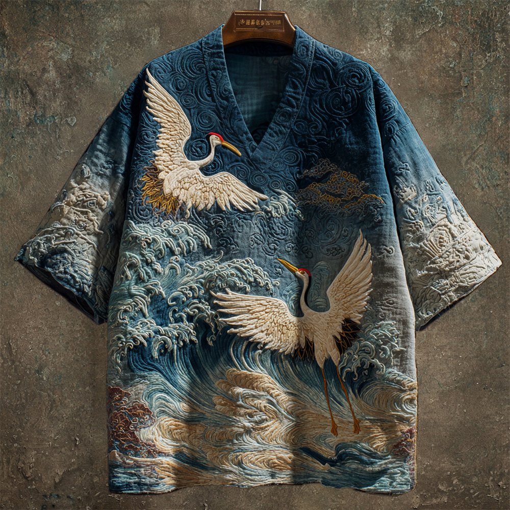 Vintage Japanese Crane Art Men's Linen V-neck Shirt