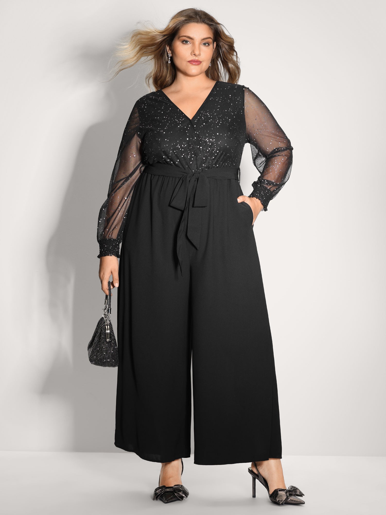 Sparkly V Neck Sheer Belted Wide Leg Jumpsuit