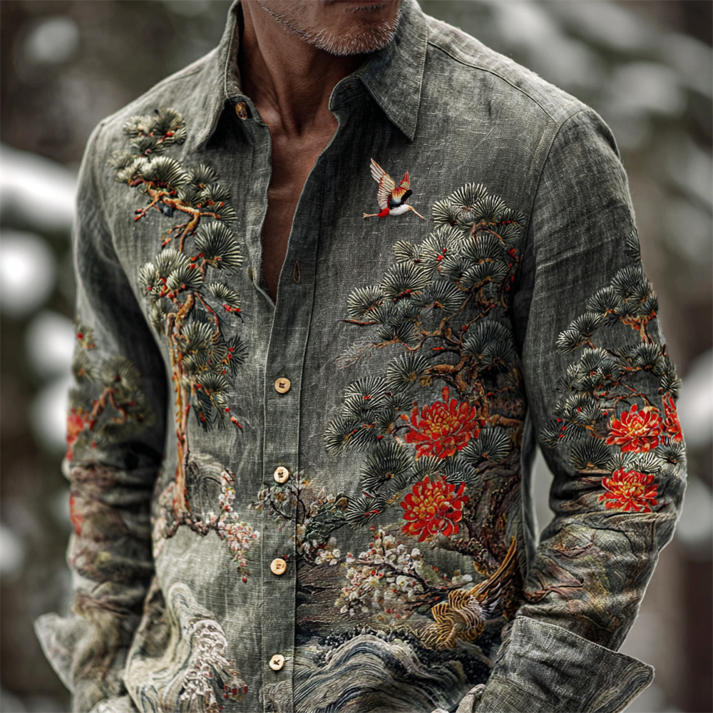 Japanese Pine & Chrysanthemum Embroidery Men's Long Sleeve Shirt