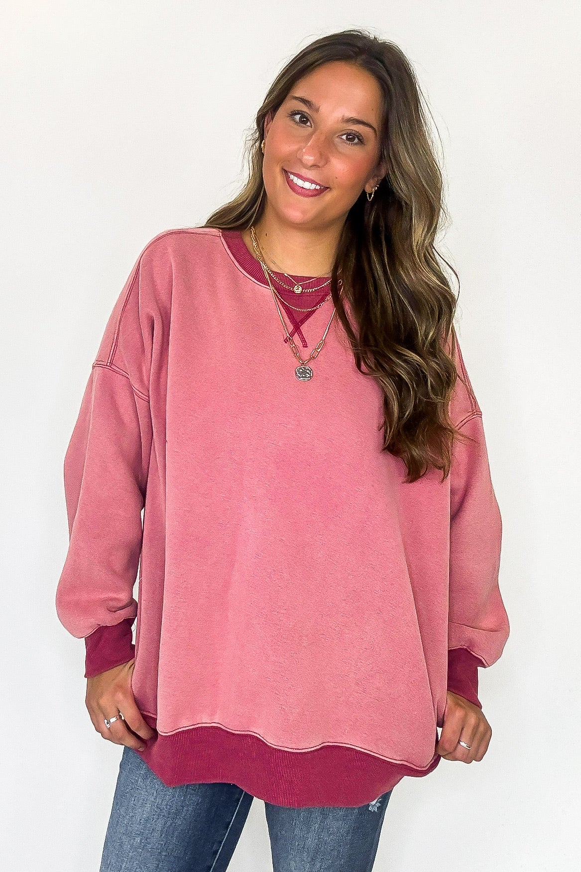 Oversized Ribbed Washed Fleece Sweatshirt