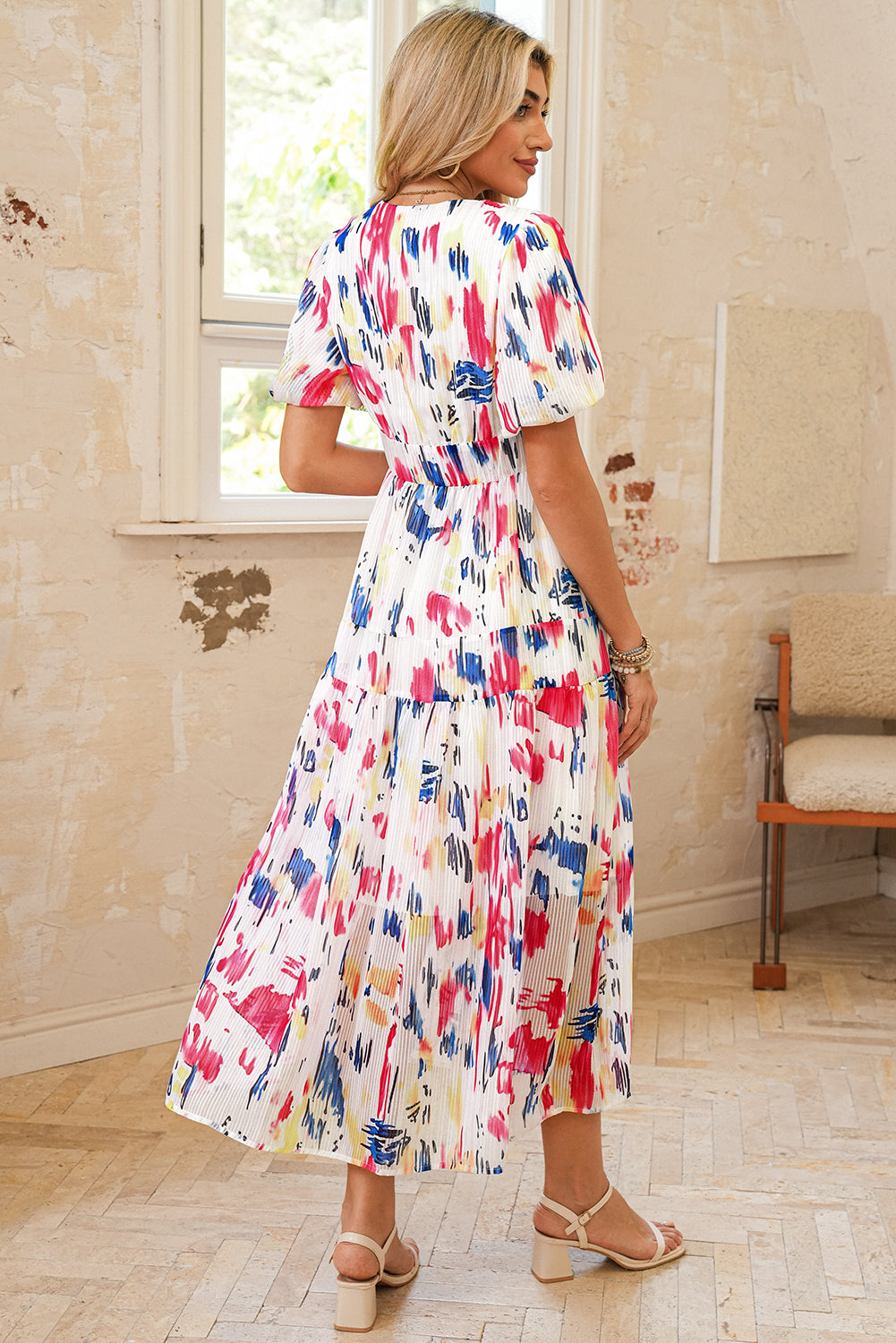 Rose Abstract Print Short Puff Sleeve Tiered Maxi Dress