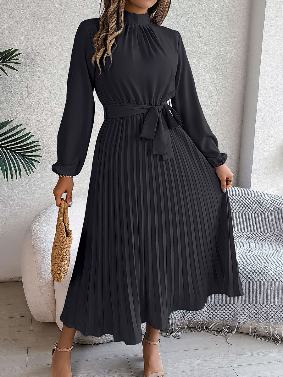 Women's Stand-up Collar Long-sleeved Lace Up Pleated Dress