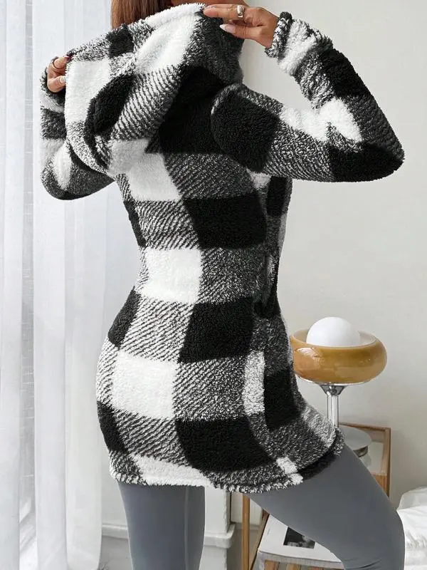 Women's Plaid Fleece Long Sleeve Hooded Coat