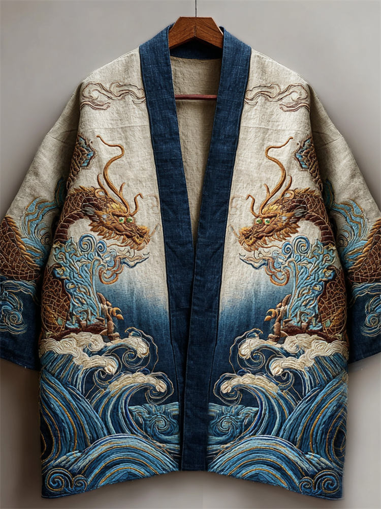 Japanese Dragons Sea Waves Embroidered Gradient Linen Kimono Cardigan