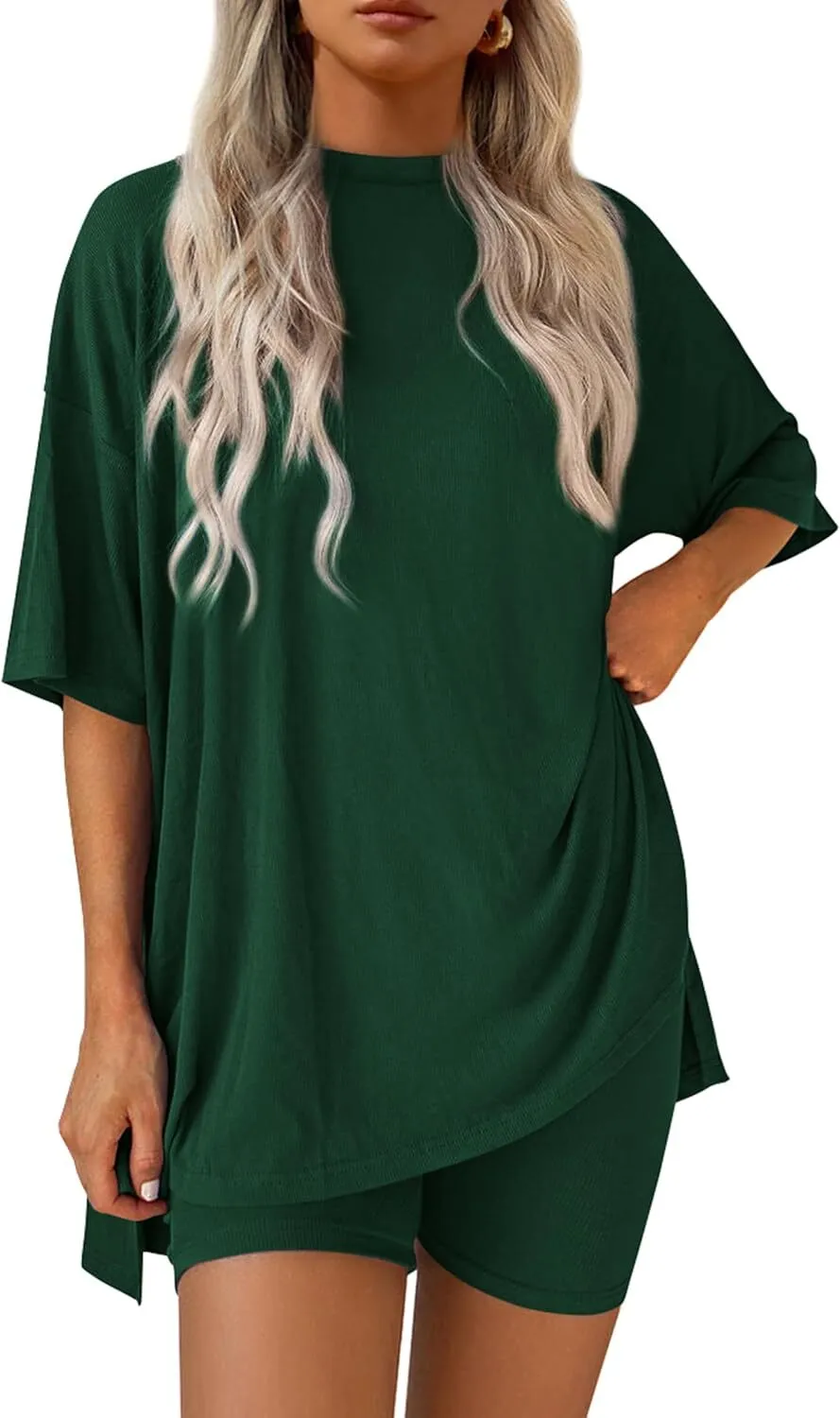 🔥Special Sale❤️Women's Two Piece Lounge Set 2026 Summer Casual Oversized Shirts  Biker Shorts Matching Airport Travel Outfit