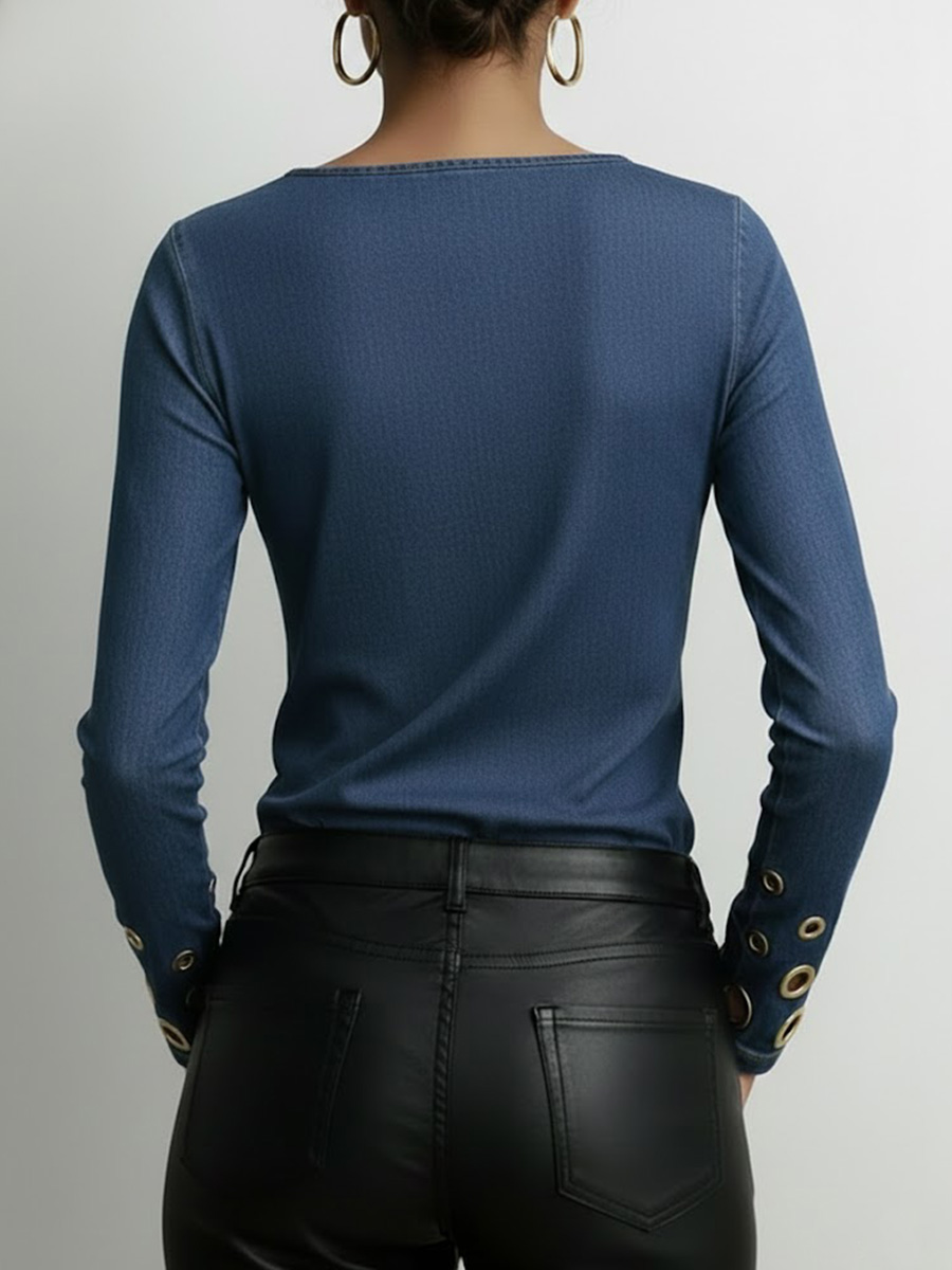 Women's Round Neck Long Sleeve Faux Denim Stretch Casual Loose Denim Top