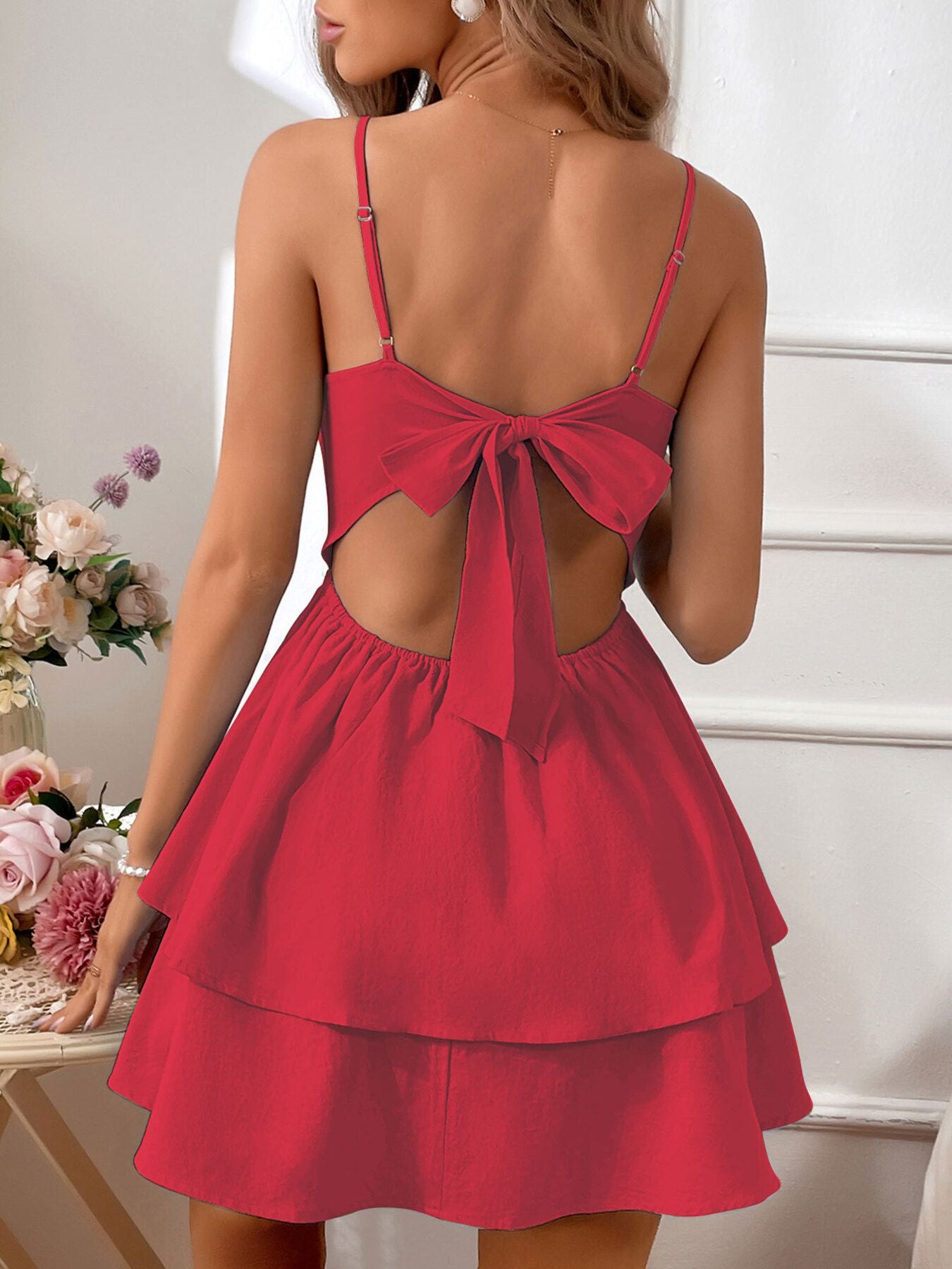 Tie Back Layered Ruffle Hem Mini Dress