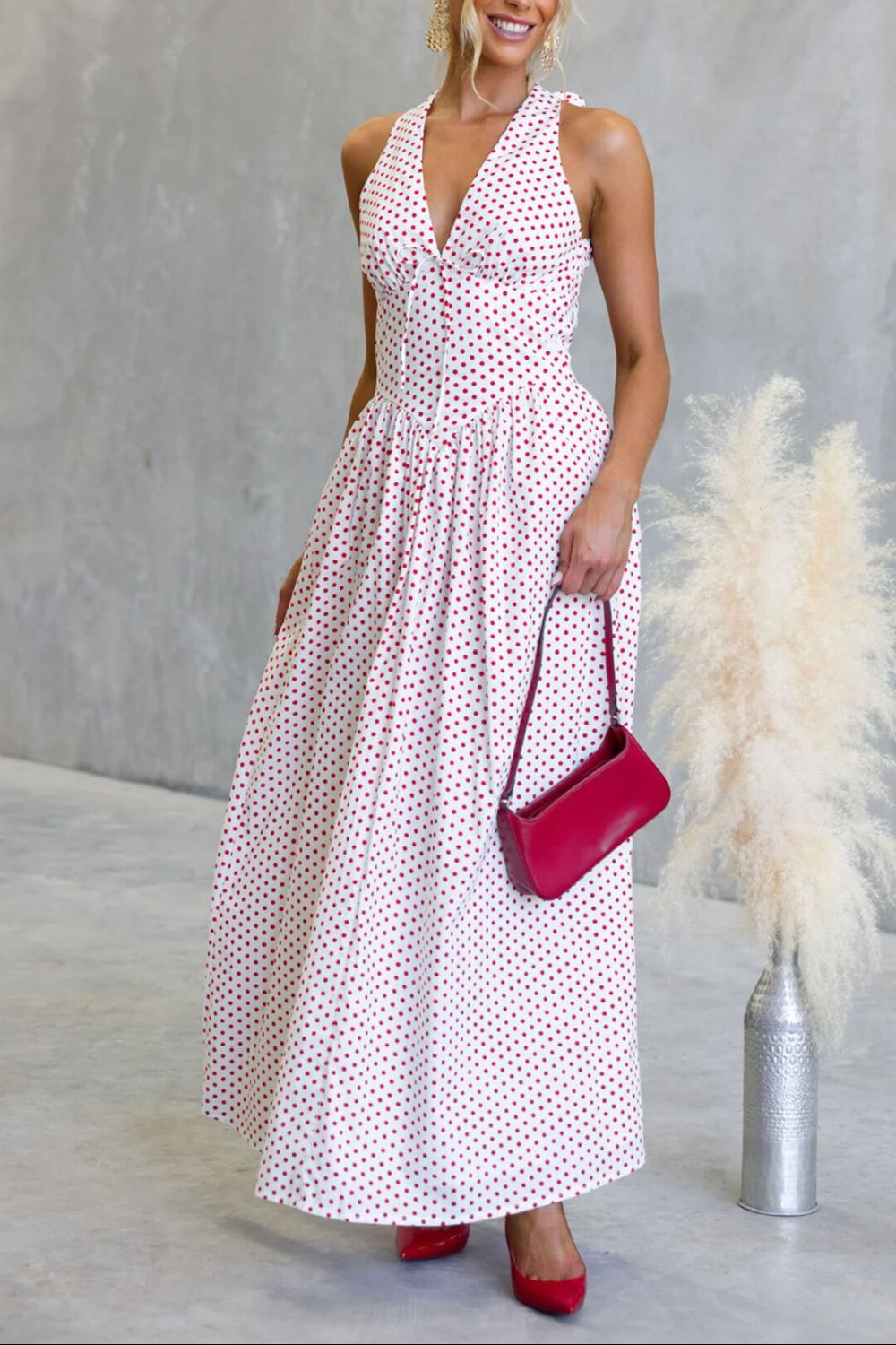 Backless Polka Dot Halter Neck Maxi Dress