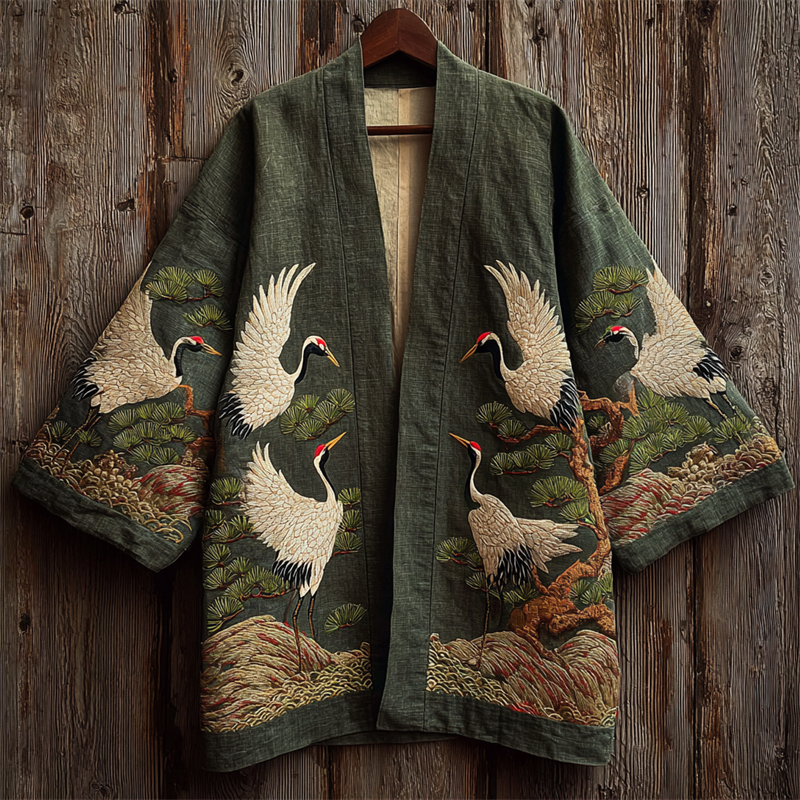 Japanese Cranes & Pine Trees Embroidered Linen Kimono Cardigan