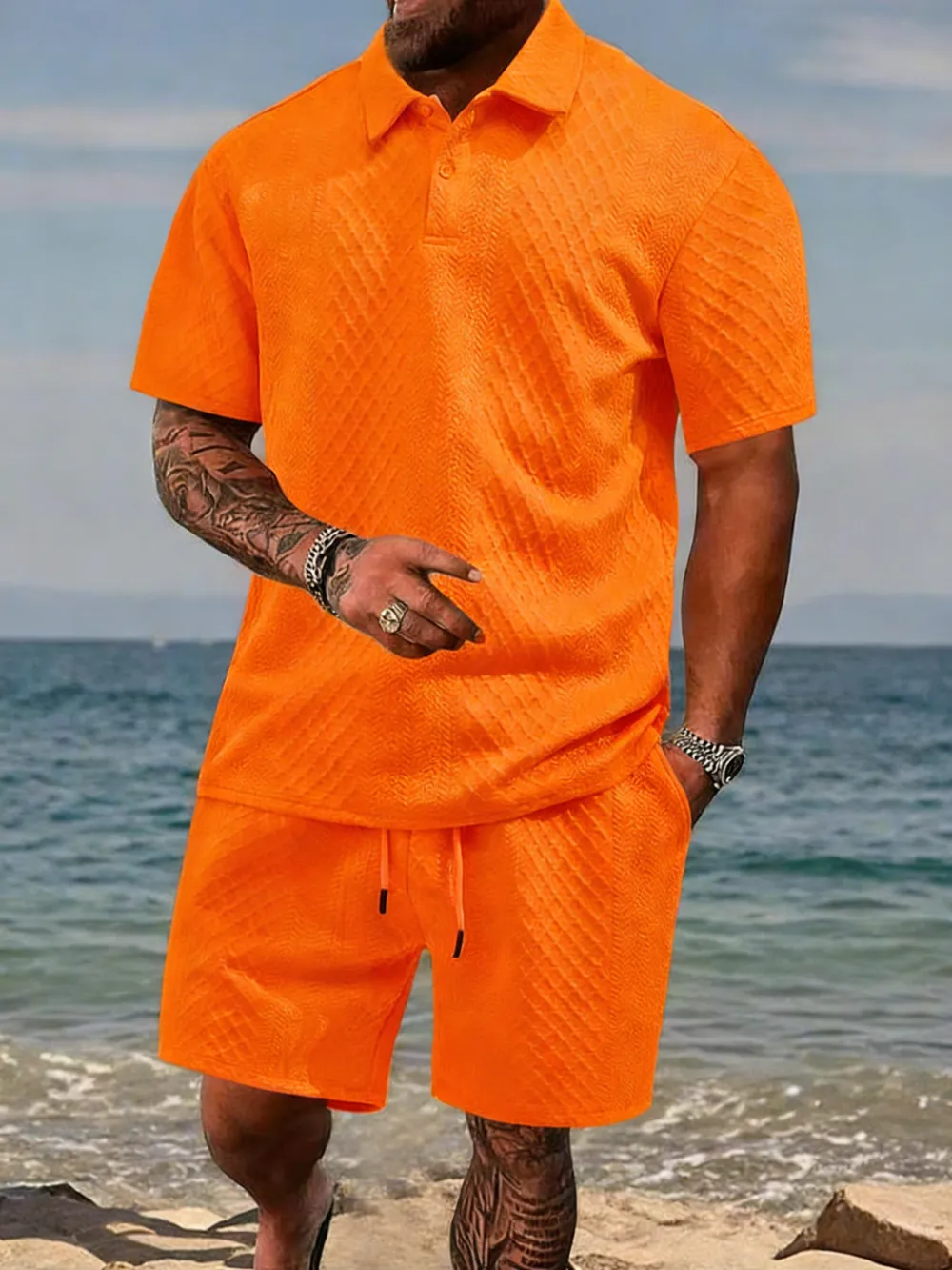 🔥 8-Set Men's Textured Polo & Shorts Sets – Casual Summer Two-Piece Outfits