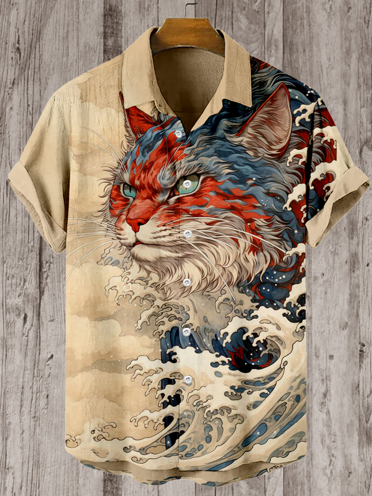 Japanese Wave Inspired Mysterious Cat Cozy Linen Blend Shirt
