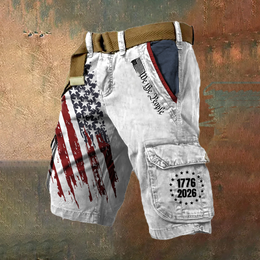 Men's Retro American Flag Print Multi-Pocket Cargo Pants