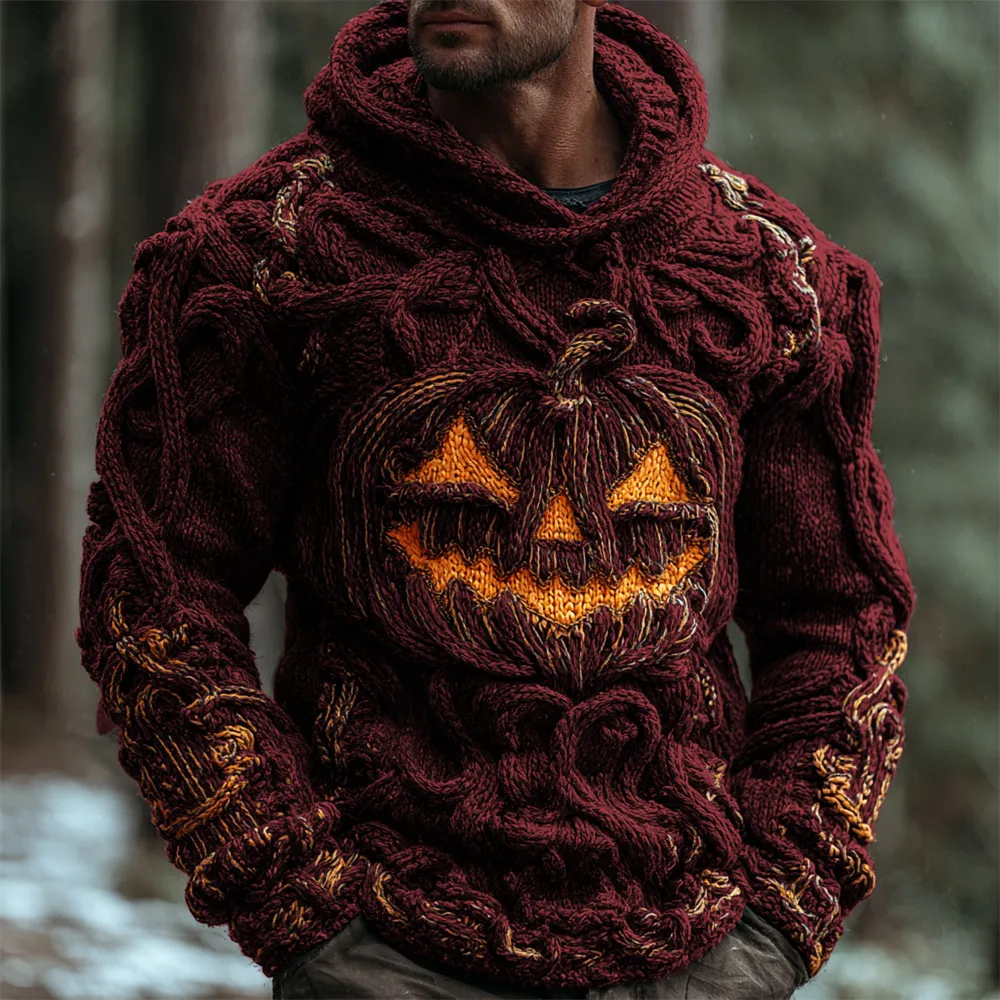 Halloween Pumpkin Emoji Men's Chunky Knit Hooded Sweater