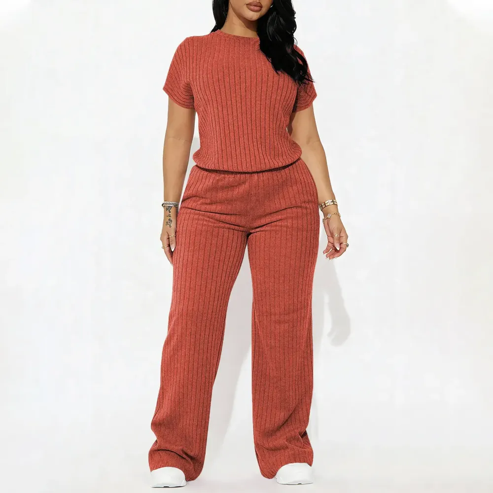 Women's Solid Shortsleeve Crewneck Ribbed Top & Wide Leg Pants Minimalist Casual Fitted