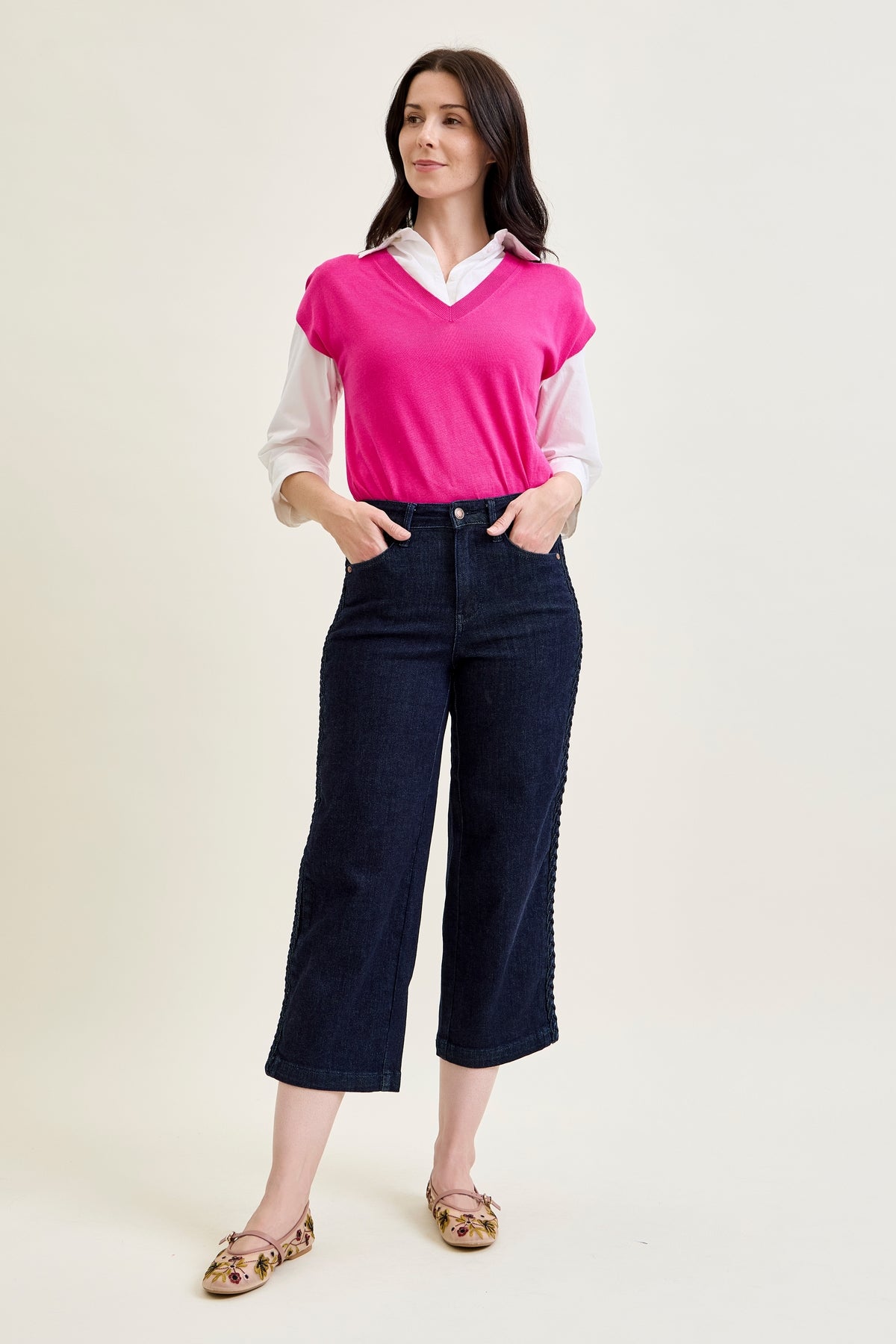 Dottie Side Seam Braid Cropped Wide Leg Jeans