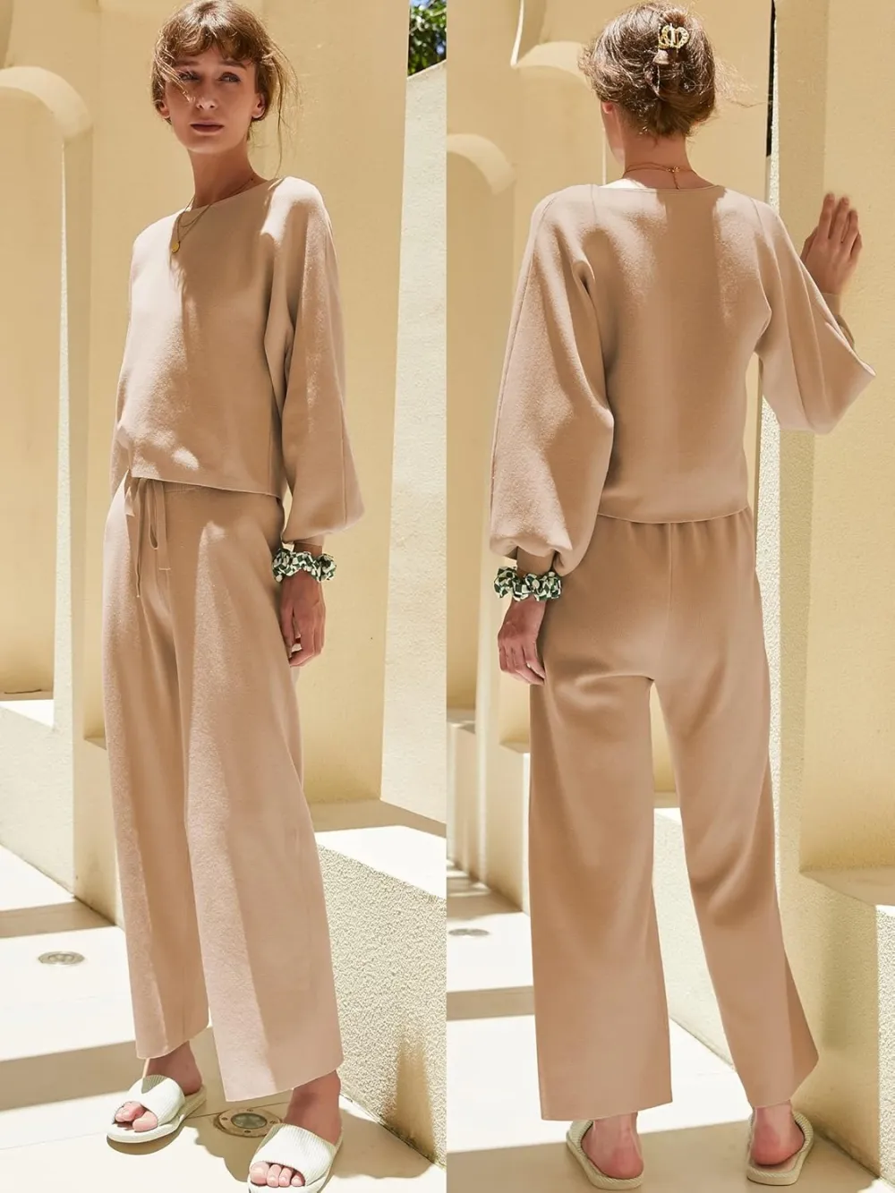 Womens Fall Winter Casual Solid Knitted 2 Piece Sets Long Sleeve Hoodie