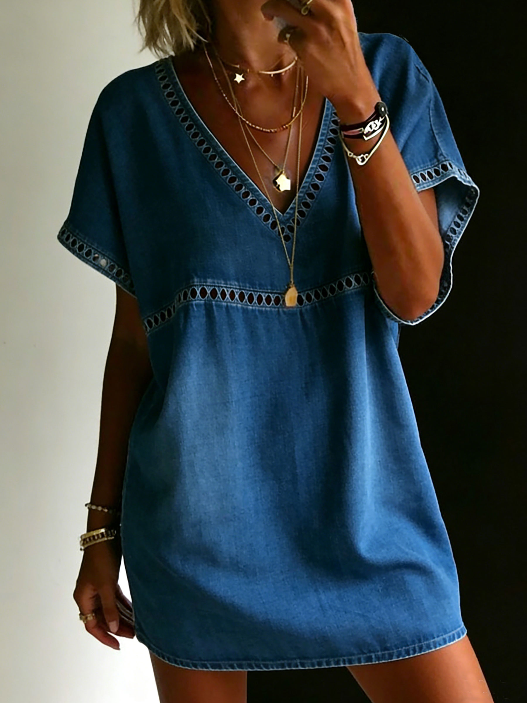 Women's Solid Color Shirt Casual Denim V-neck Dress