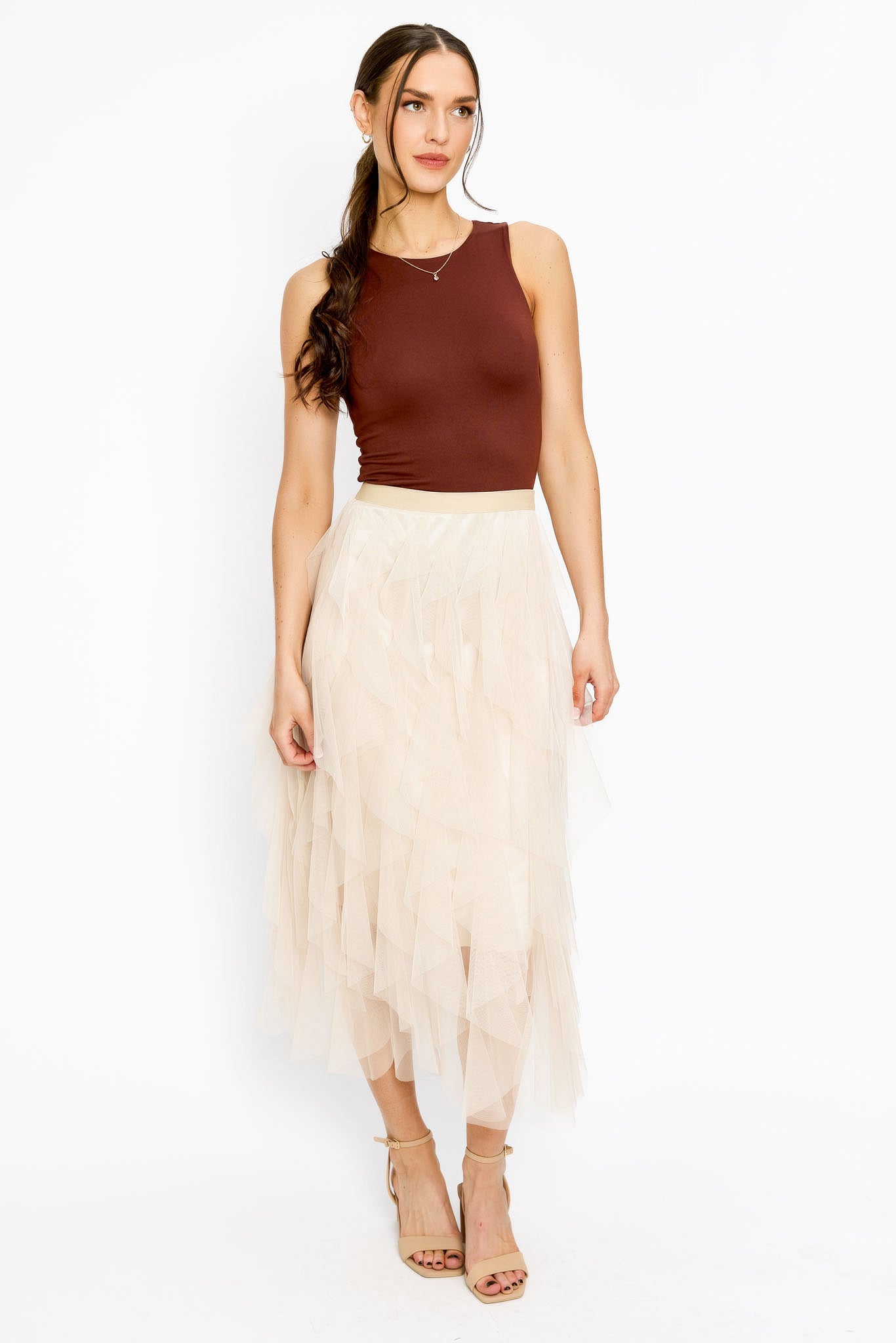 Ruffled Mesh Midi Skirt