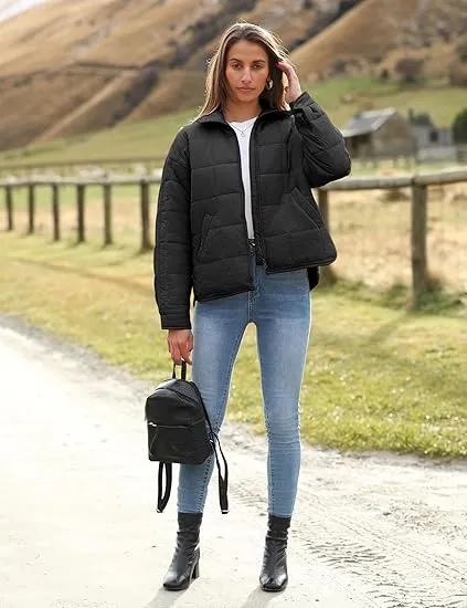 Womens Quilted Puffer Jackets Lightweight Zipper Short Padded Coat With Pockets