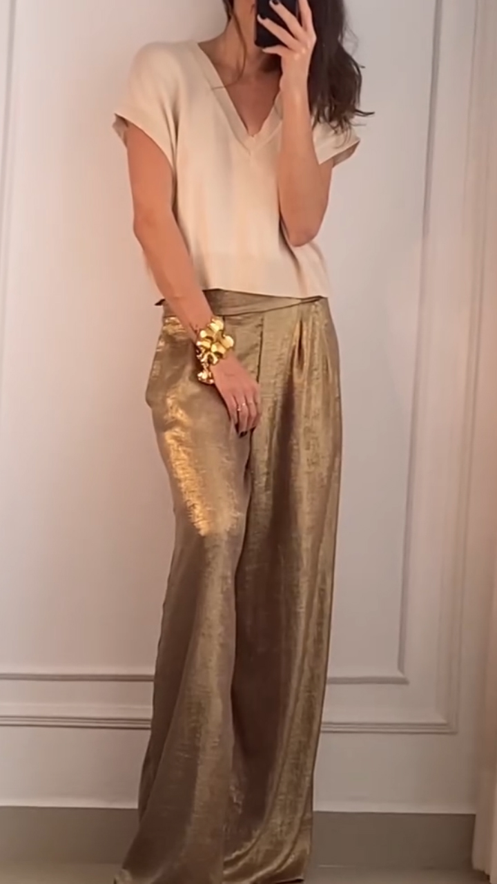 Women's V-neck Knitted Top + Wide-leg Pants Casual Suit