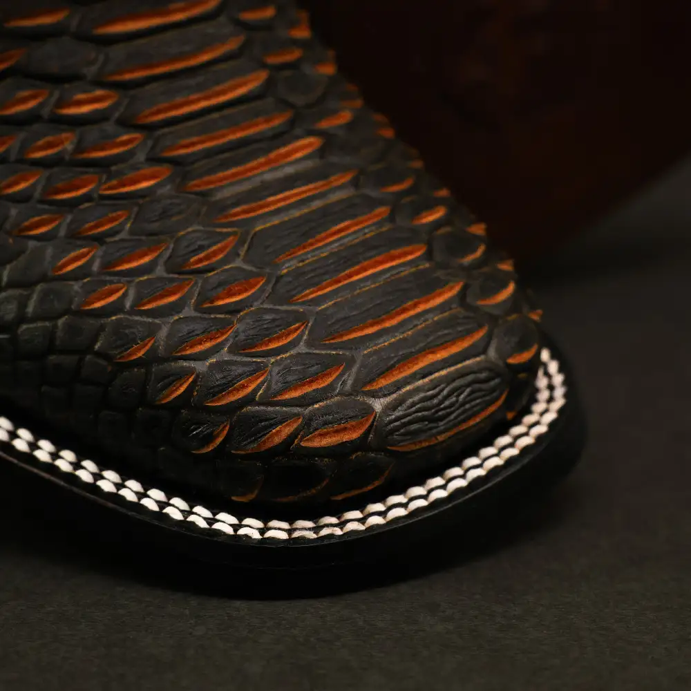 Matte Black Python Leather Boots - Square Toe