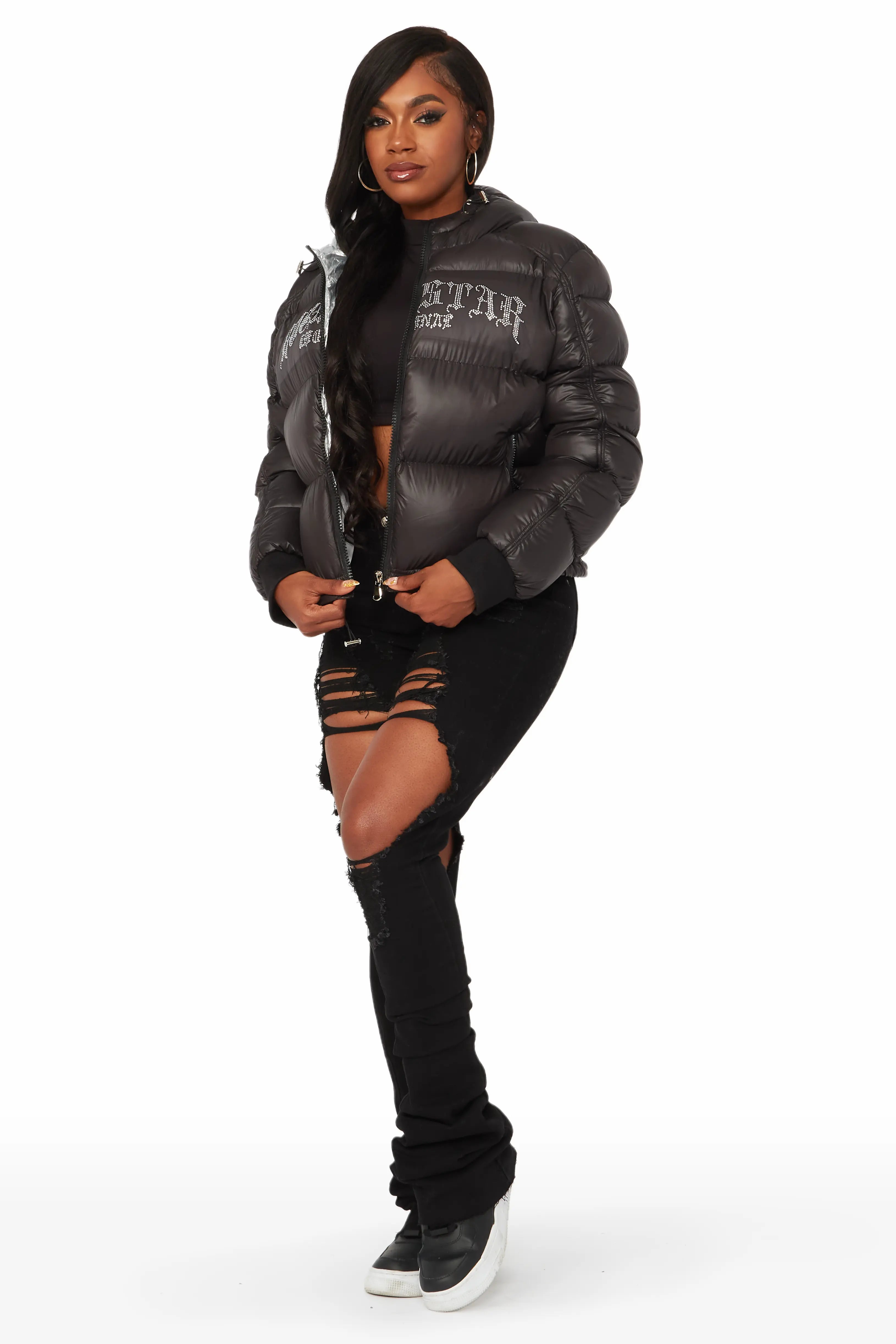 Rose Black Puffer Jacket