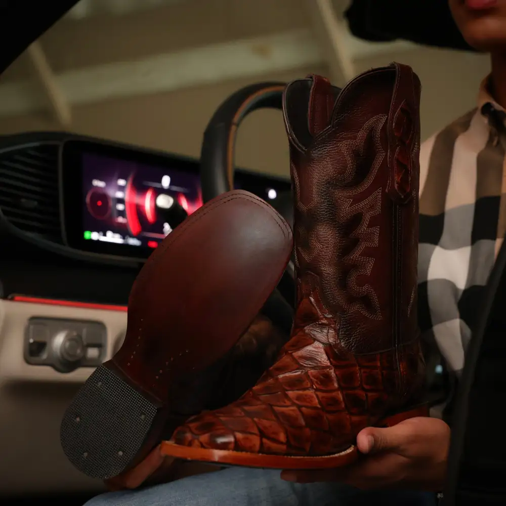 Cognac Pirarucu Leather Boots—Square Toe