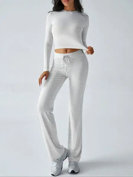 Two-Piece Set Women's Solid Color Long Sleeve Crop Tee & High-Waisted Drawstring Pants Set