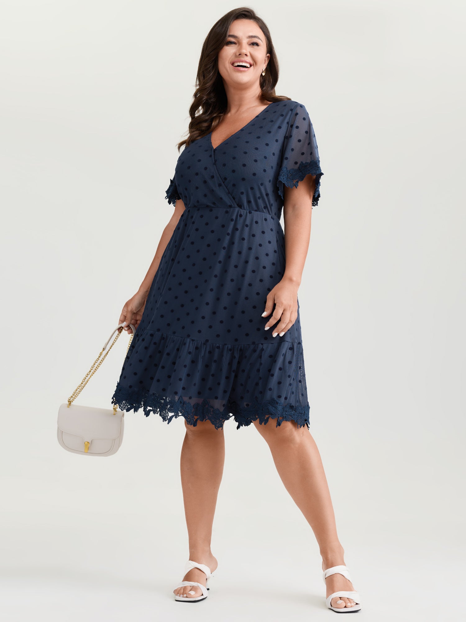 Polka Dot Textured Lace Trim Mini Dress
