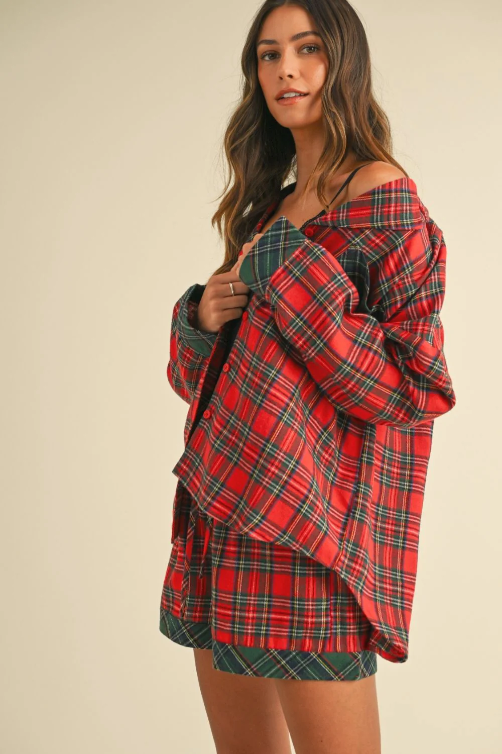 Wear Contrast Plaid Long Sleeve Top and Shorts Set