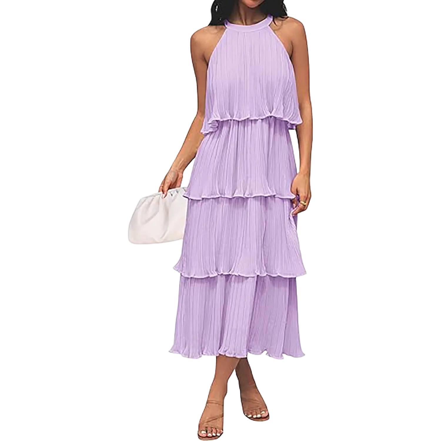 ✨Women's 2026 Summer Sleeveless Halter Neck Ruffle Tiered Layed Chiffon Flowy Swing Long Midi Dress