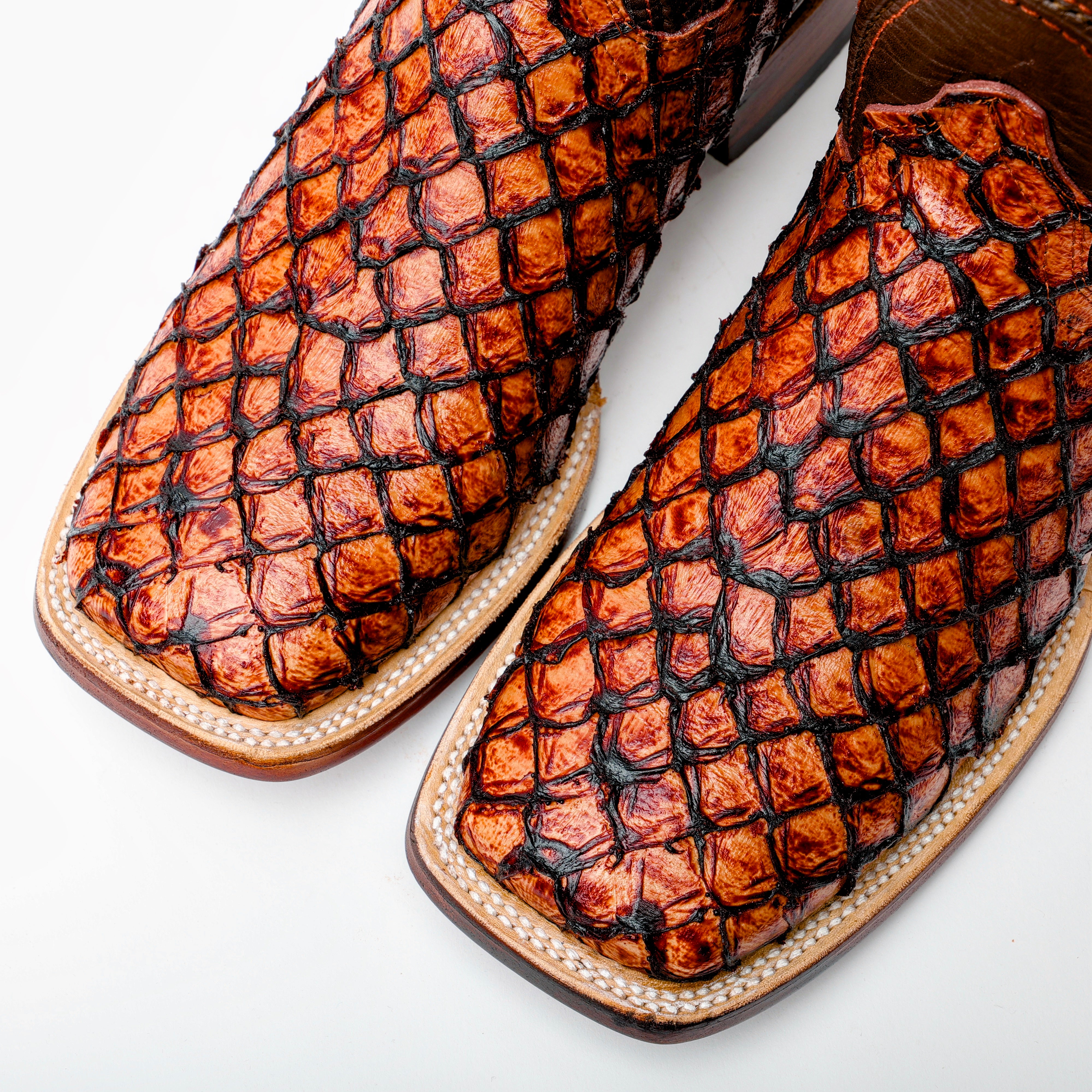 Cognac Mini Pirarucu Leather Boots - Square Toe