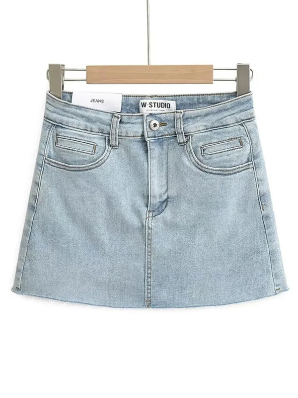 High-Waist Elastic Slim-Fit Distressed Edge A-Line Denim Mini Skirt