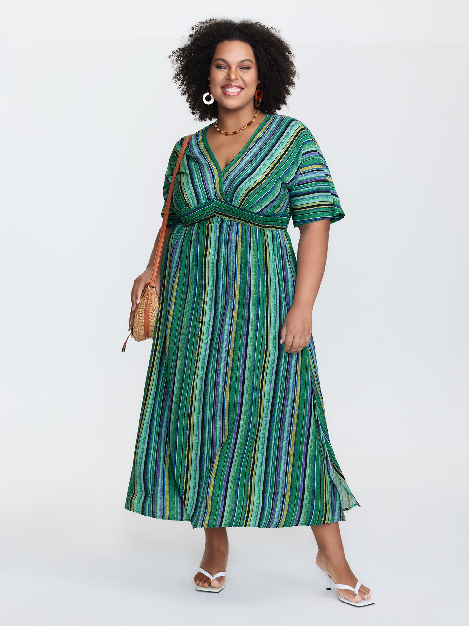 Striped Contrast Dolman Sleeve Shirred Pocket Split Flutter Dress