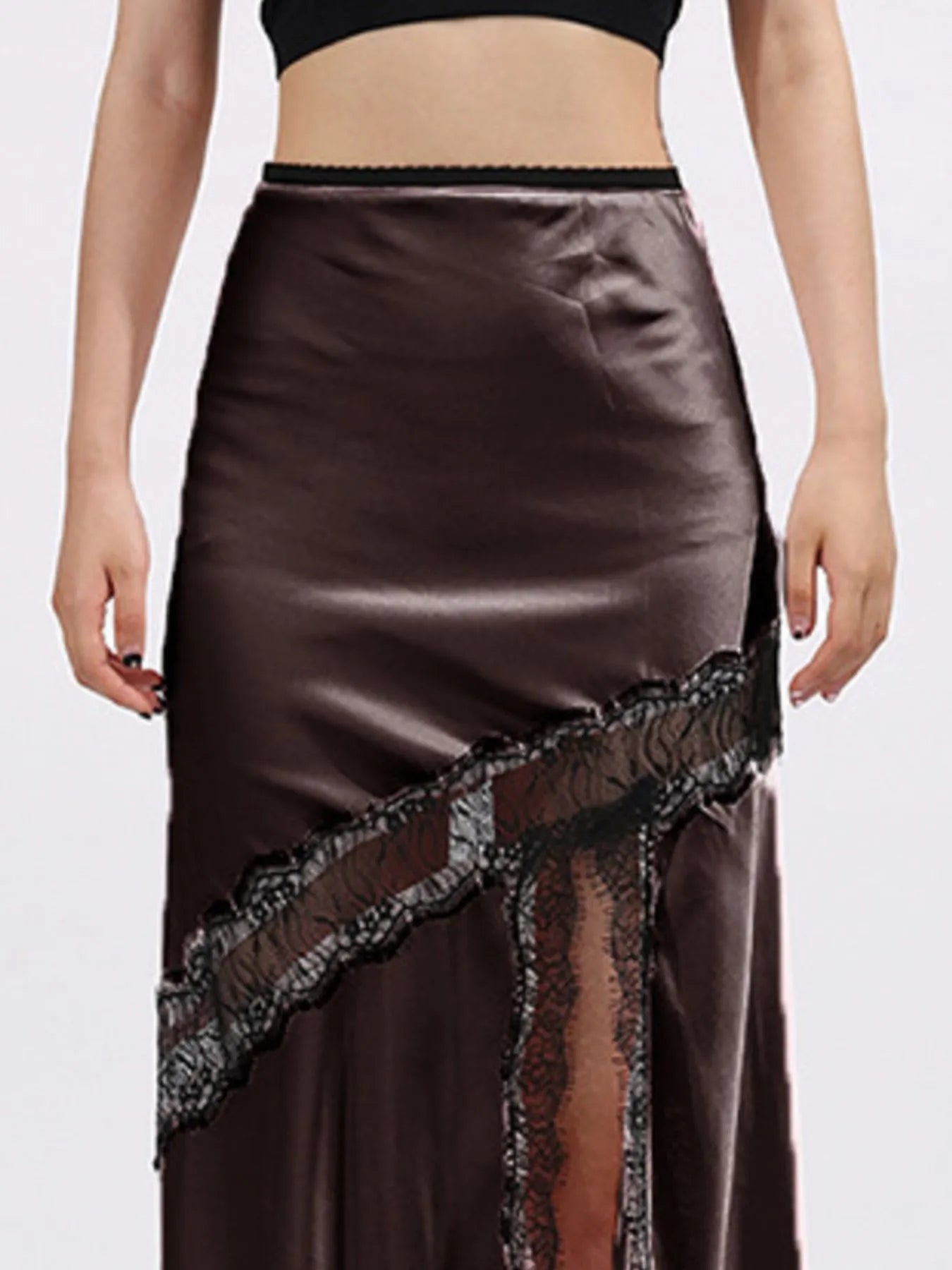 Lace Trim Asymmetrical Midi Skirt