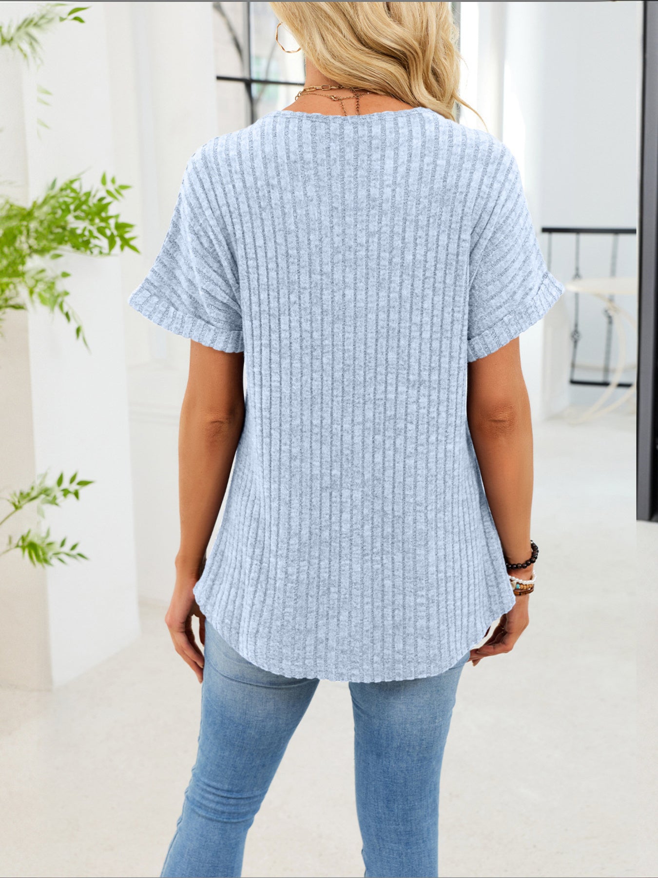 Ribbed Knit Short Sleeve T-Shirt