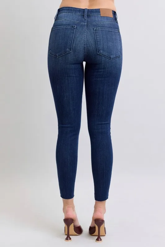 Blue Full Size Mid Rise Skinny Jeans with Raw Hem Plus Size