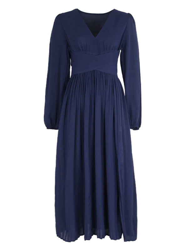 Solid Color Waist Bandage Slit Long Sleeve Dress