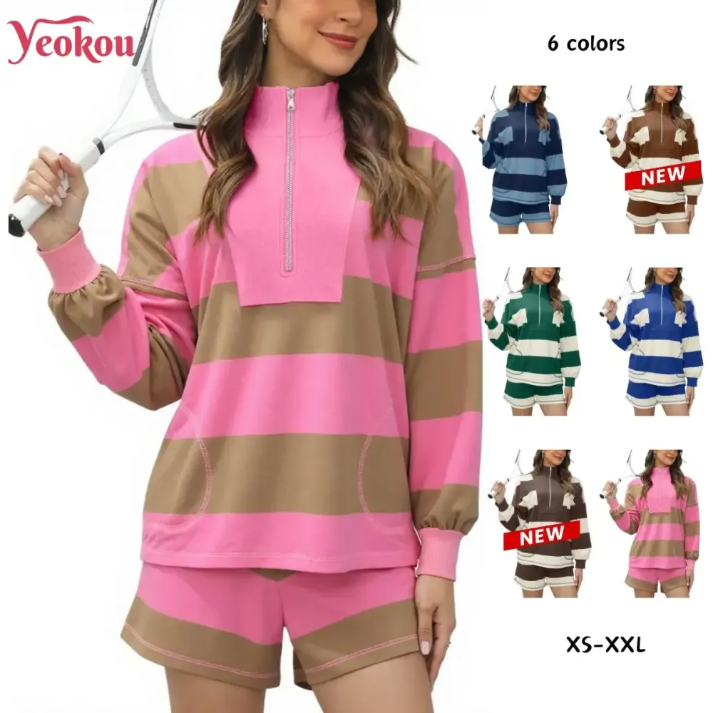 Women's Lounge Set 2 Piece Striped Long Sleeve Quarter Zip & Short Sleeve T Shirt
