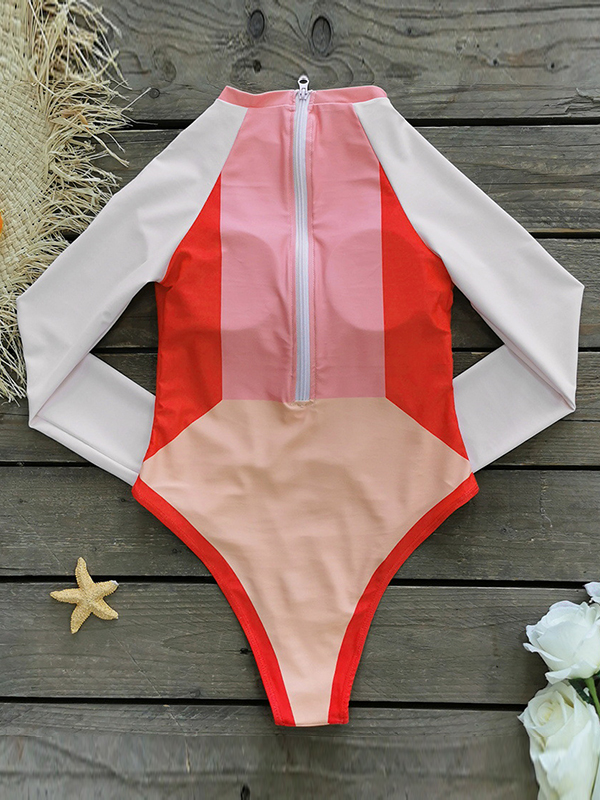 Long Sleeves Color-Block Floral Printed Zipper One-Piece Swimwear
