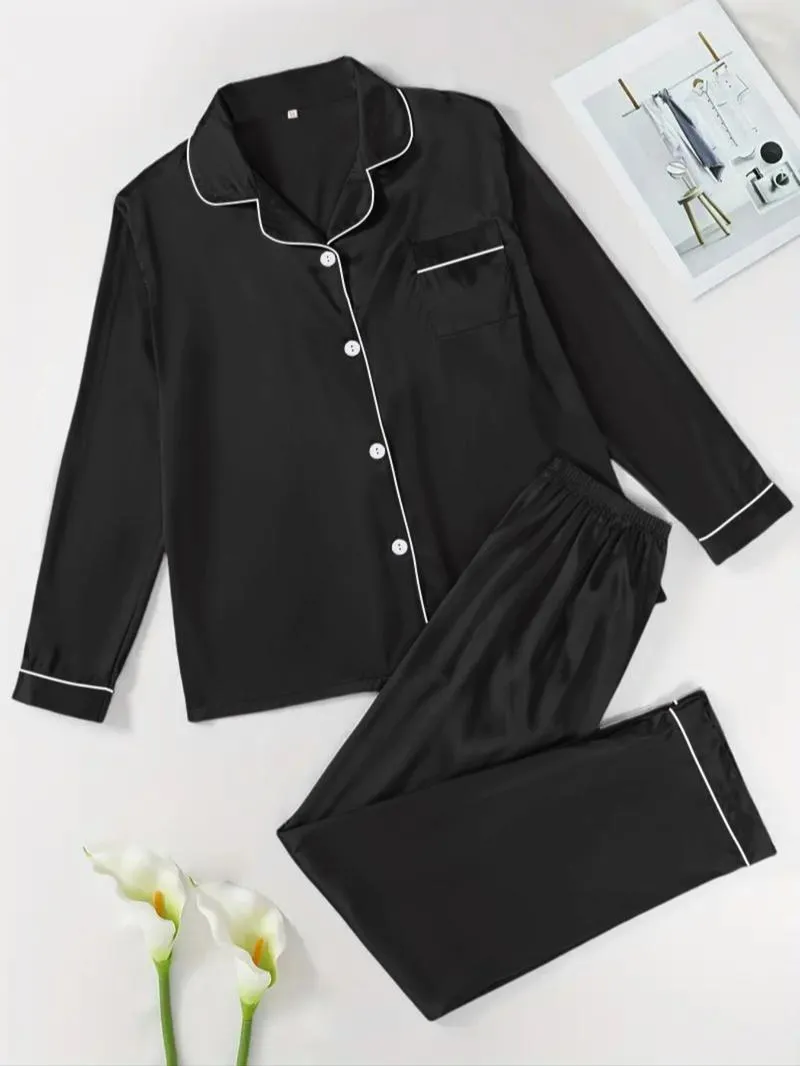 Two-Piece Set Women's Solid Contrast Binding Satin Pyjamas