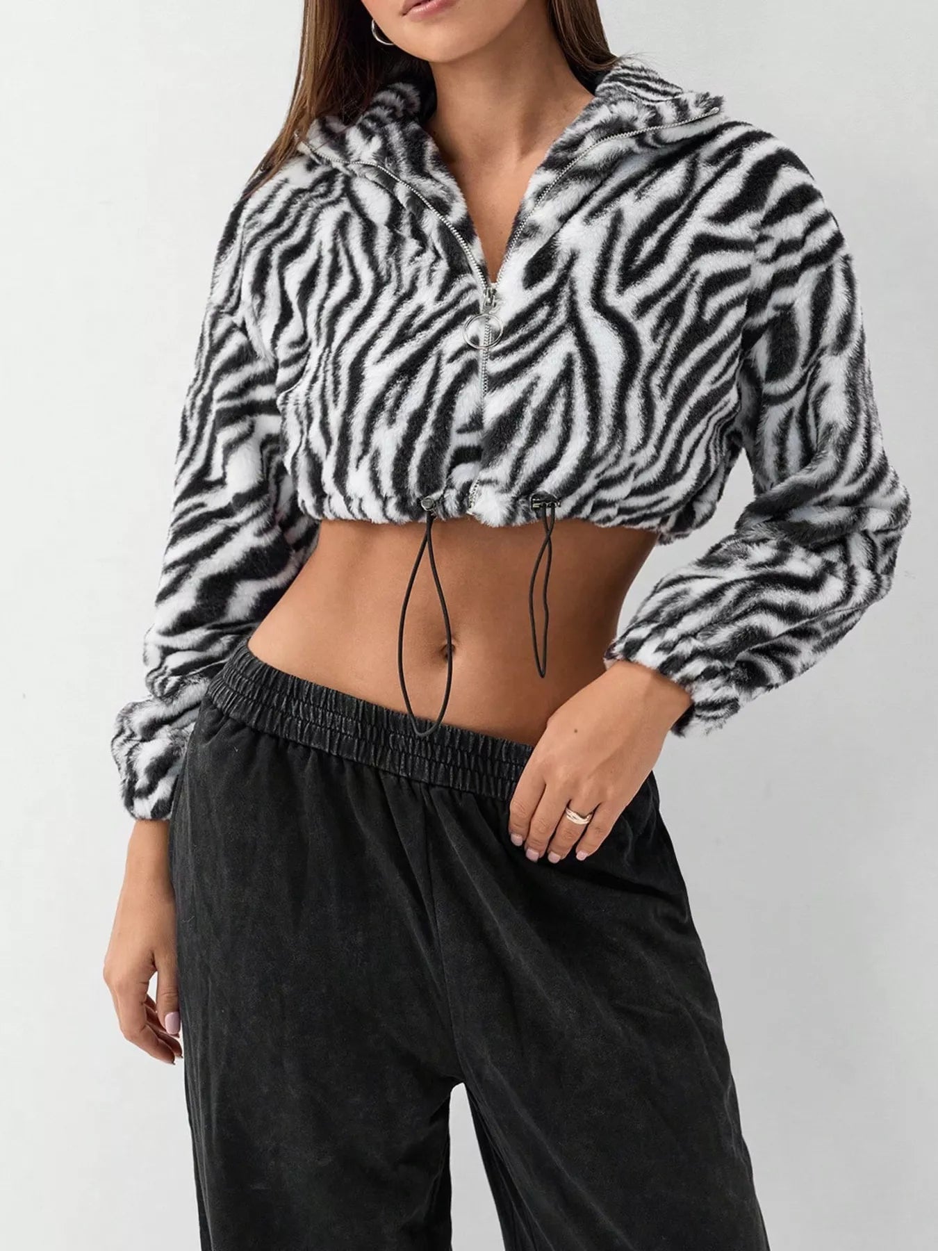 Zebra Print Plush Cropped Jacket