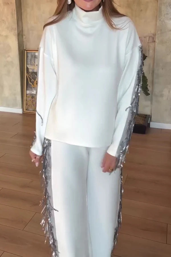 Women Casual High Neck Long Sleeve Sequined Tassel Splicing Top + Pants Suit