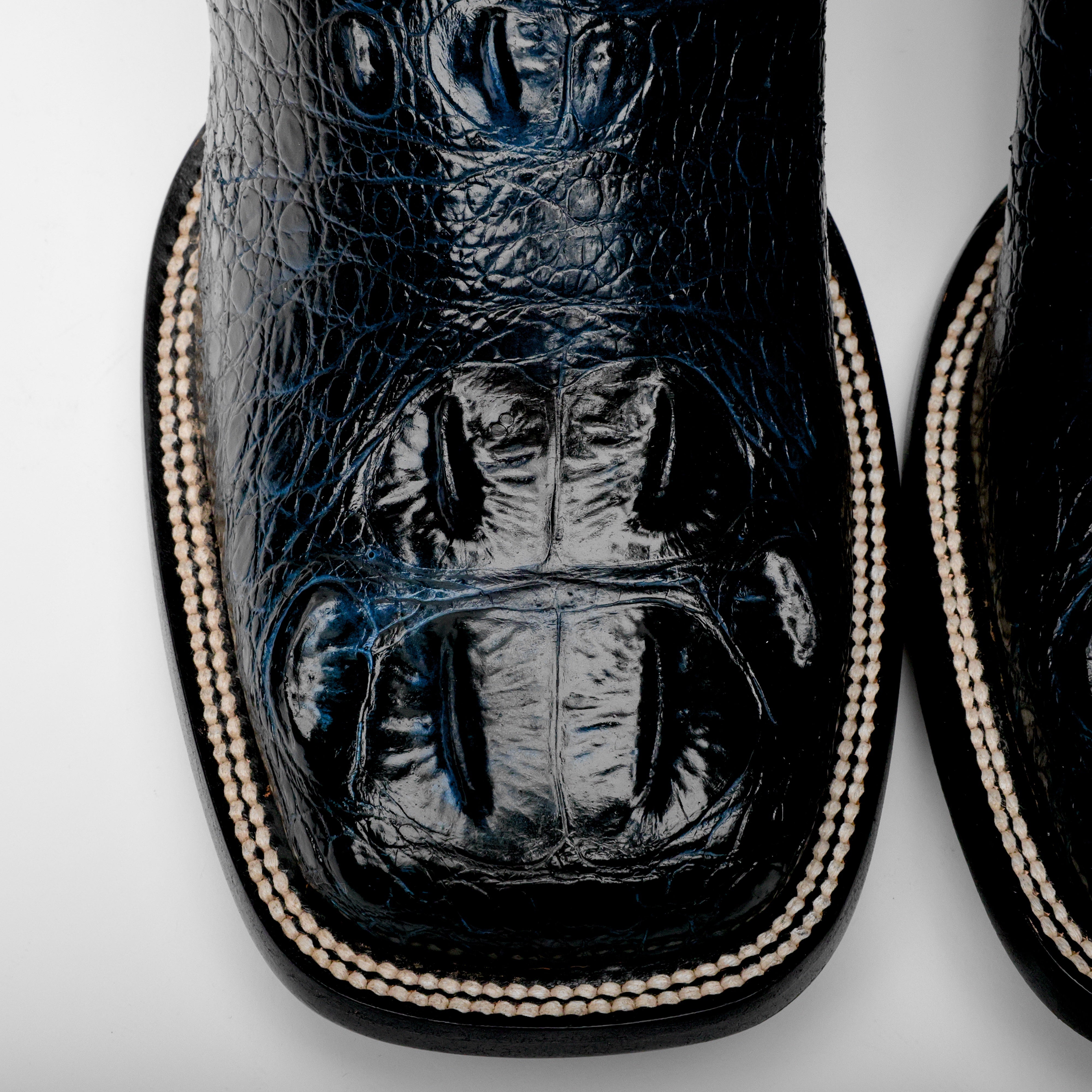 Midnight Blue Giant Caiman Hornback Leather Boots - Square Toe