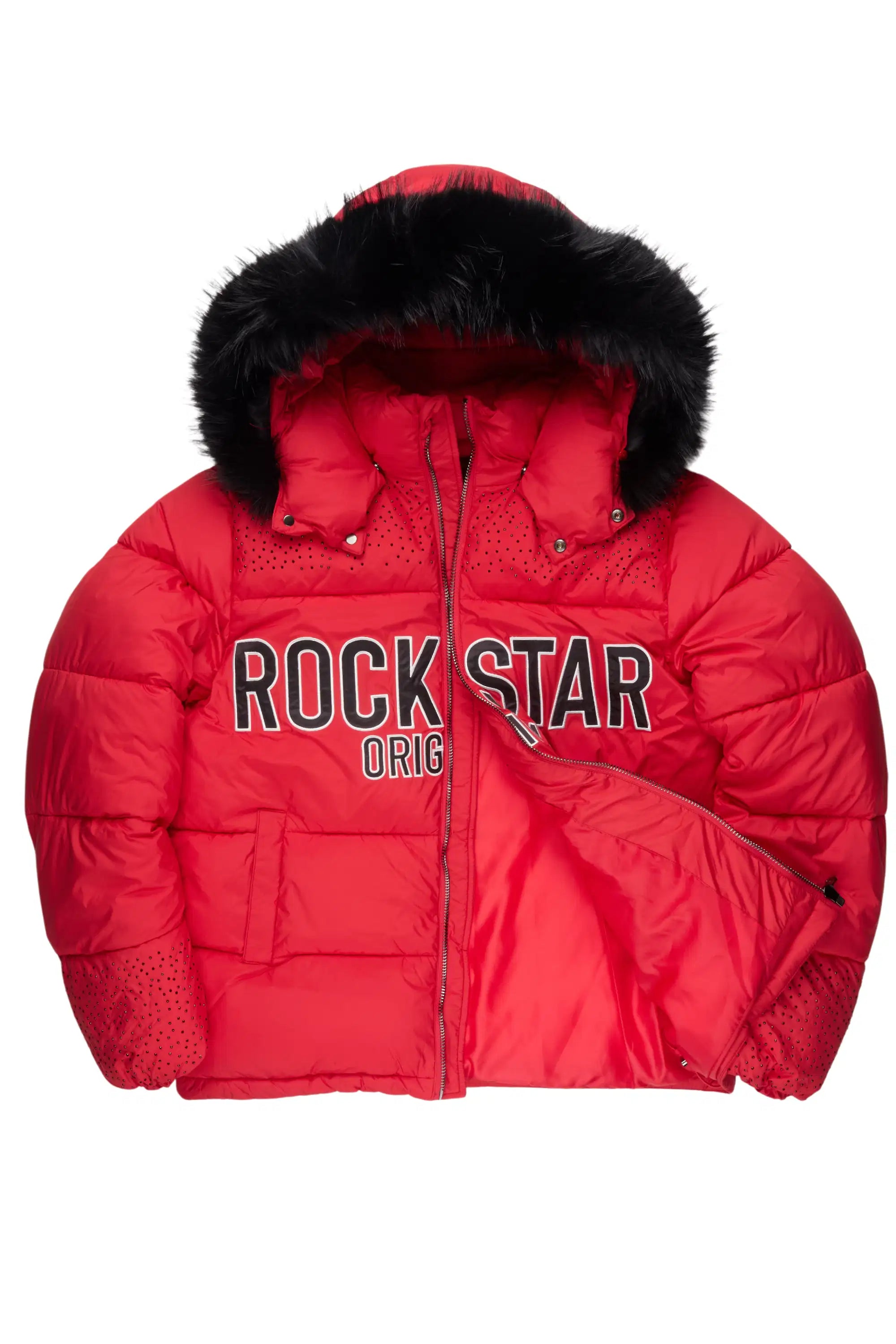 Natia Red Oversized Rhinestone Puffer Jacket