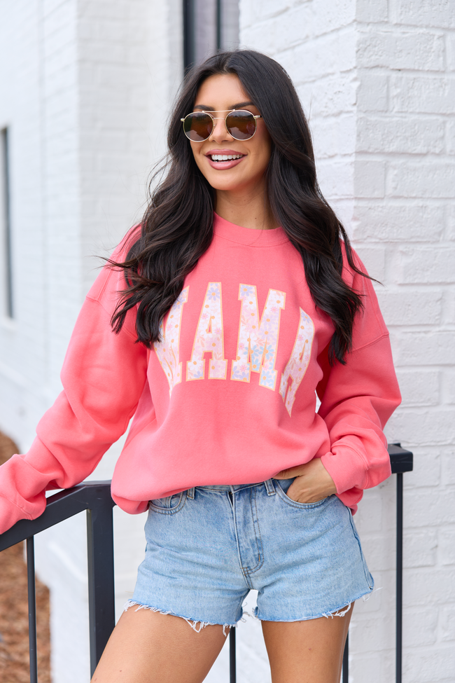 Mama Multi Daisy Print Light Red Graphic Sweatshirt